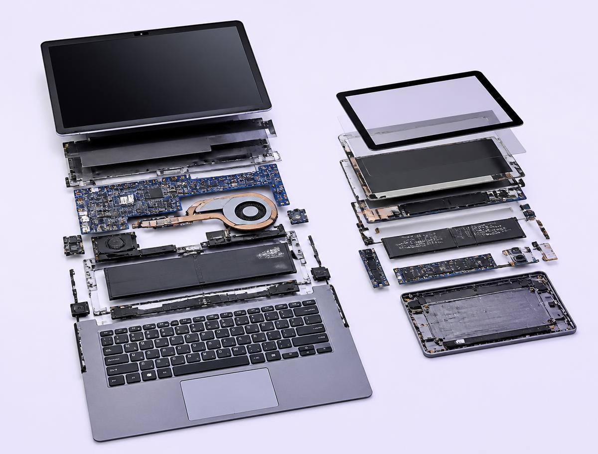 Exploded view of laptop and tablet components