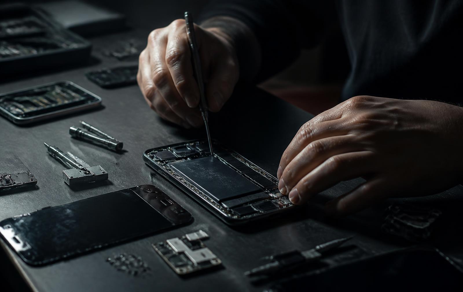 Technician repairing a smartphone at a workbench