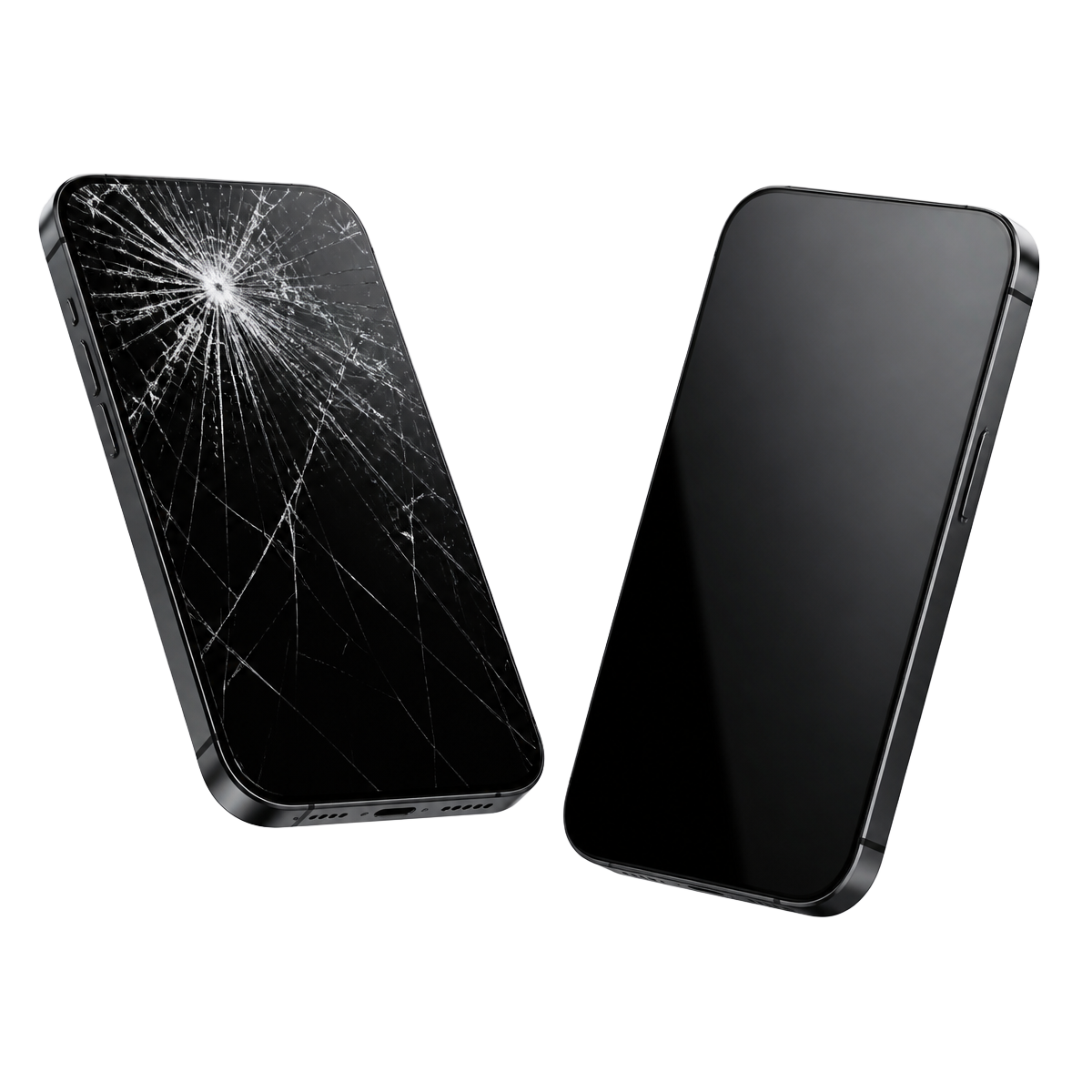 Cracked smartphone next to a repaired smartphone